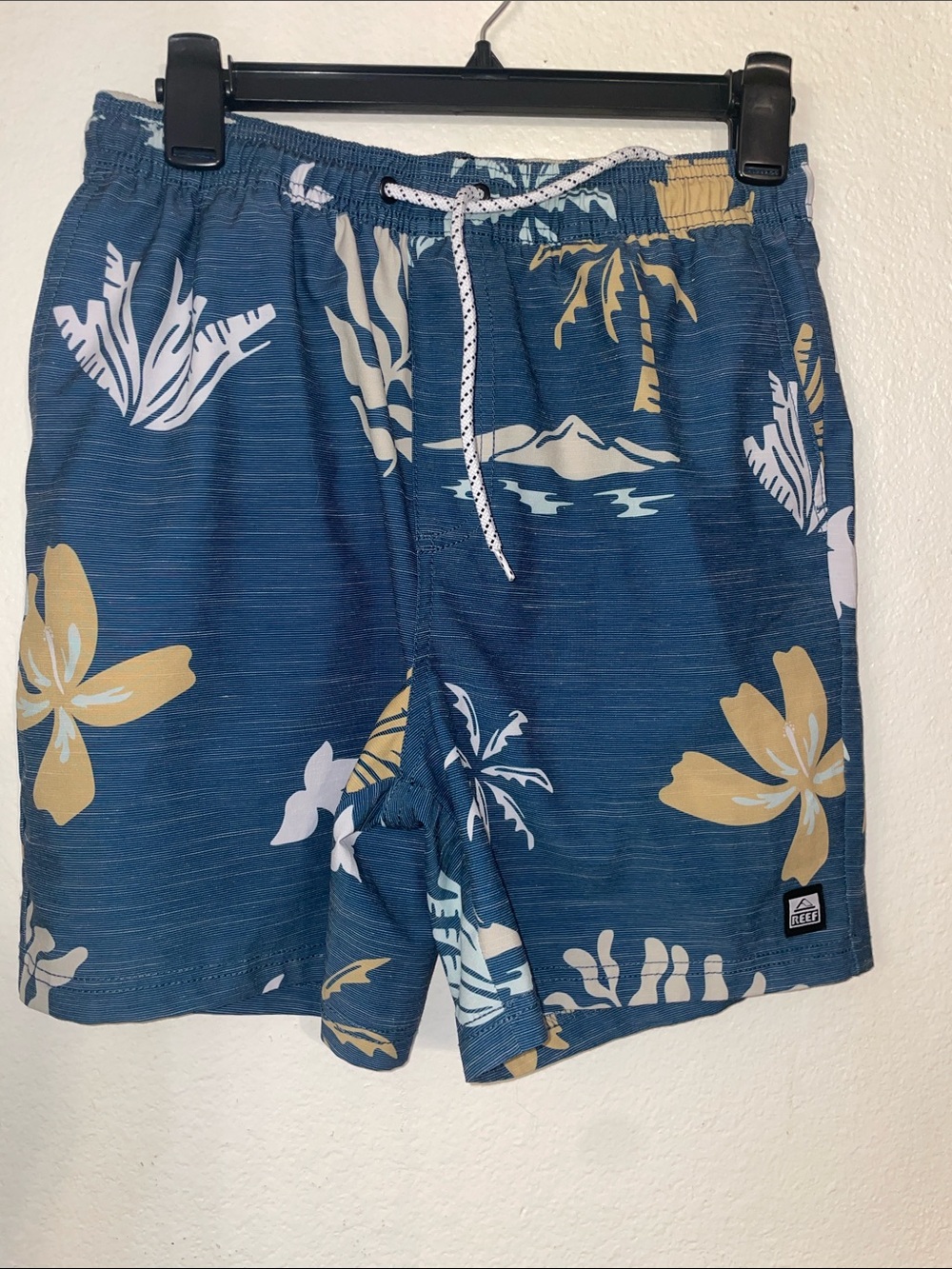 Reef Men’s Navy Blue Floral Swim Trunks with Cream Accents